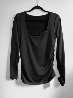 LuFeng Ruched Square Neck Black Top Long Sleeve Fleece Lined Women Size Large