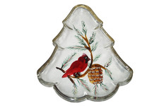 Vintage Glass Christmas Tree Candy Dish  Hand Painted Cardinal Pine Cone Xmas