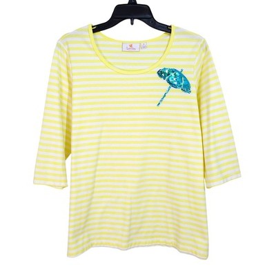 Quacker Factory Striped Sequin Umbrella Scoop Neck Top Womens 1X Yellow White
