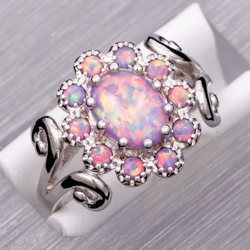 Flower 7x9 Oval Lavender Purple Fire Opal Cabochon Silver Jewelry Ring 7 8 9 10