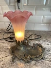 Tiffany Style Vtg Pink Tulip Flower Light Vanity Boudoir Lamp w/ Trinket Tray