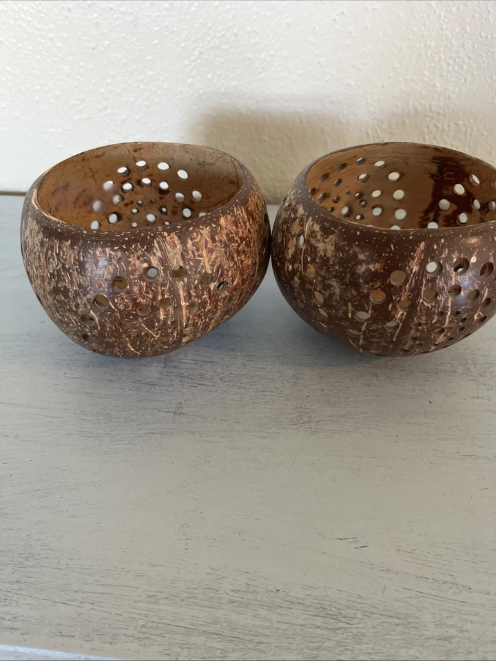 Carved Coconut Shell Votive, Tea Light Holders, Set Of 2 - Image 4 of 4