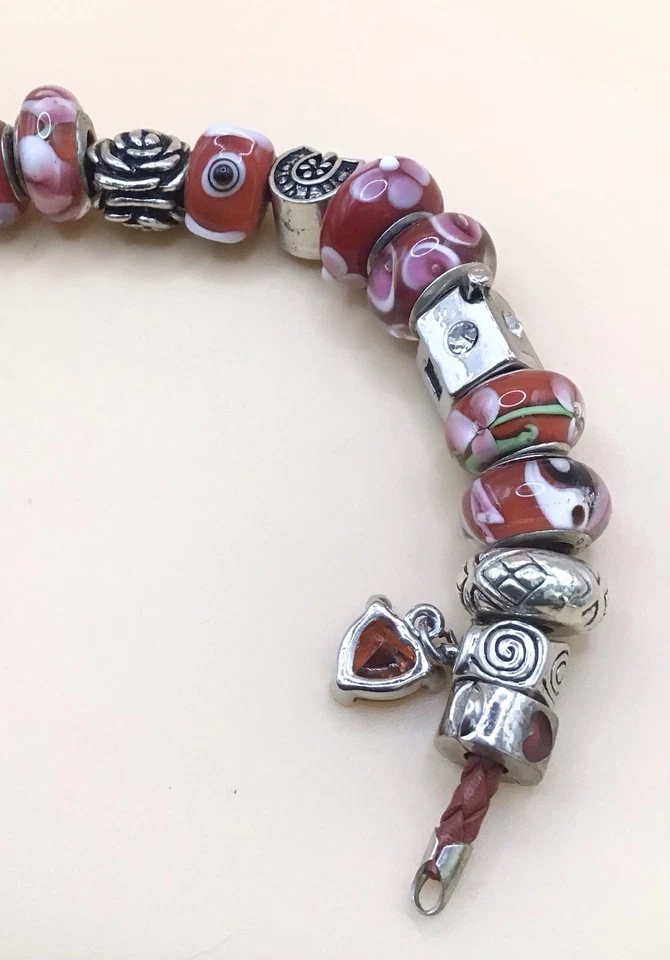 Charms Armband Rottöne versilbert / Murano Glas 22 Beads Vintage Unikat 🎀 - Bild 4 von 4