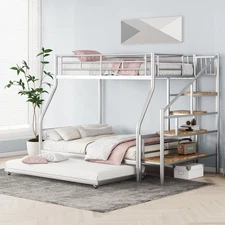 Euroco Silver Twin over Full Bunk Bed with Storage Stairs & Trundle for Kids
