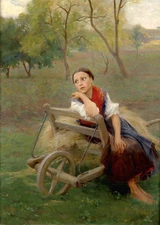 Stunning Oil painting beautiful young girl with Small carts in landscape canvas
