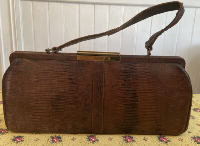 Vintage 1940s Original STERLING Brown Lizard Purse Handbag
