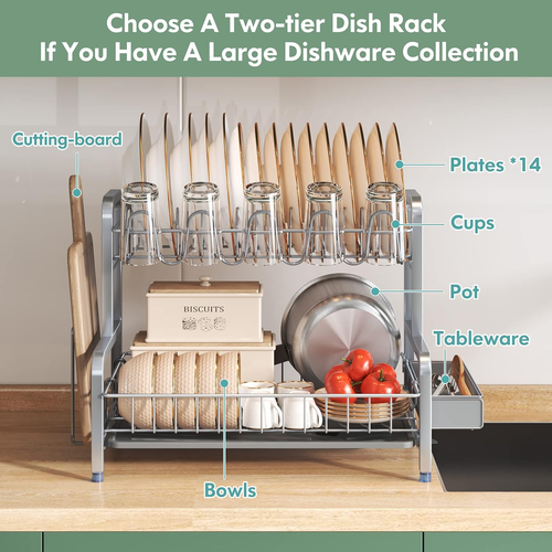 2 Tier Dish Drying Rack and Drainboard Set, Large Stainless Steel Dish Drainers - Picture 2 of 6