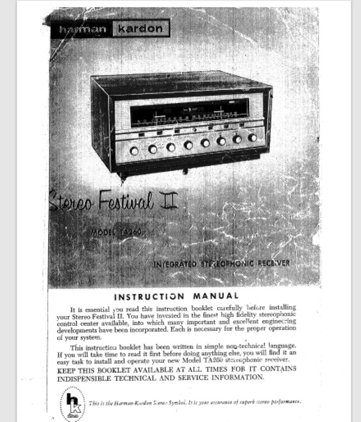 Harmon Kardon TA260 owner parts manual Comb Bound Gloss Covers Stereo festival 2