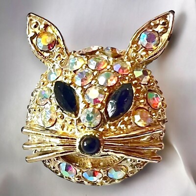 Cat Head Brooch Rhinestone Aurora Borealis Vintage Mid Century Figural Pin
