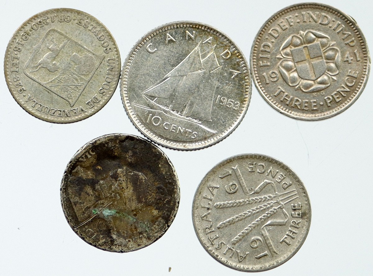 Lot of 5 Silver WORLD COINS Authentic Collection Vintage