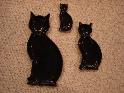 Lot of 3 stackable Ceramic Black Cat Dishes candy buffet dip 12'' 8'' 5''
