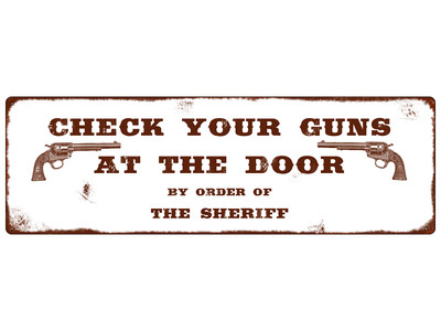 METALLSCHILD Blechschild CHECK YOUR GUNS Tür Eingang Western Style Cowboy