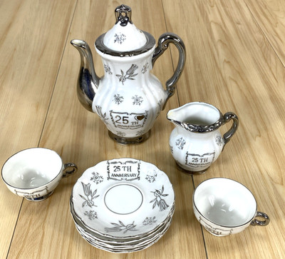 VTG Sterling China Silver & White Porcelain 25th Anniversary Demitasse Tea Set