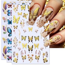 6 Sheets Glitter Butterflies Nail Art Stickers - Gold Blue Butterflies Wing