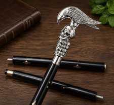 Victorian Raven Skull Handle Walking Cane 3 Fold Brass Chrome Finish Stick