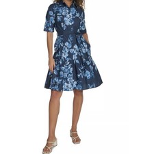 NWT Calvin Klein Floral Tie Belted Tiered Dress 12 Cotton Button Front Blue