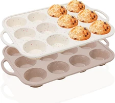 2Pack Silicone Muffin Pans for Baking with Metal Reinforced Frame, 12 Cups Regul