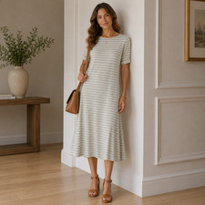 Lauren Ralph Lauren Womens L Sage Striped Cotton Midi Dress Fit Flare Boat Neck