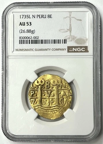 Rare Low Pop 1735L Peru Gold Cob 8 Escudos NGC AU53 Spanish Colonial Gold NEW