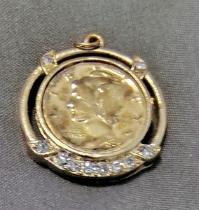 Vintage Gold Plated & Cubic Zirconia 1944 Mercury Dime Necklace Pendant