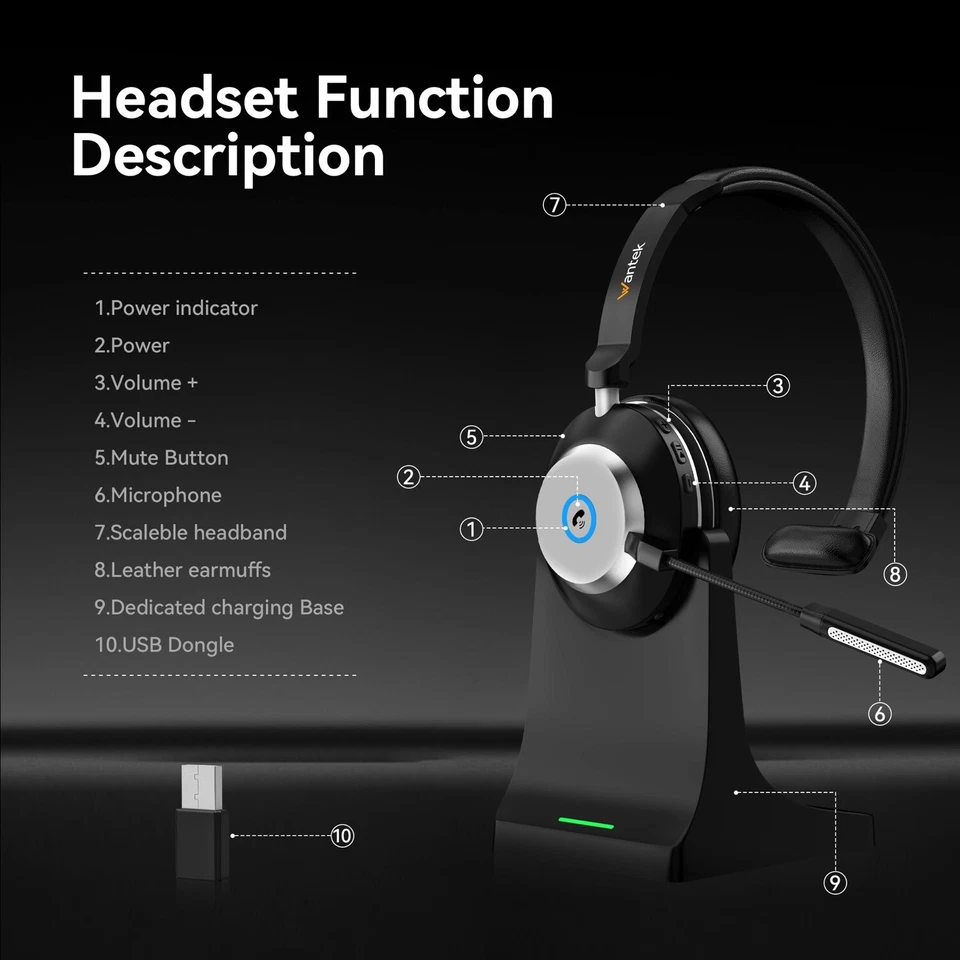 Wantek Mono-Kopfhörer mit Mikrofon USB-Dongle Bluetooth Headset für PC/Handy - Bild 2 von 4