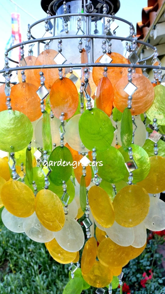 SOLAR CAPIZ SHELL WINDCHIMES/CHANDELIER MIXED PASTEL WITH SOLAR LIGHT - Image 3 of 4