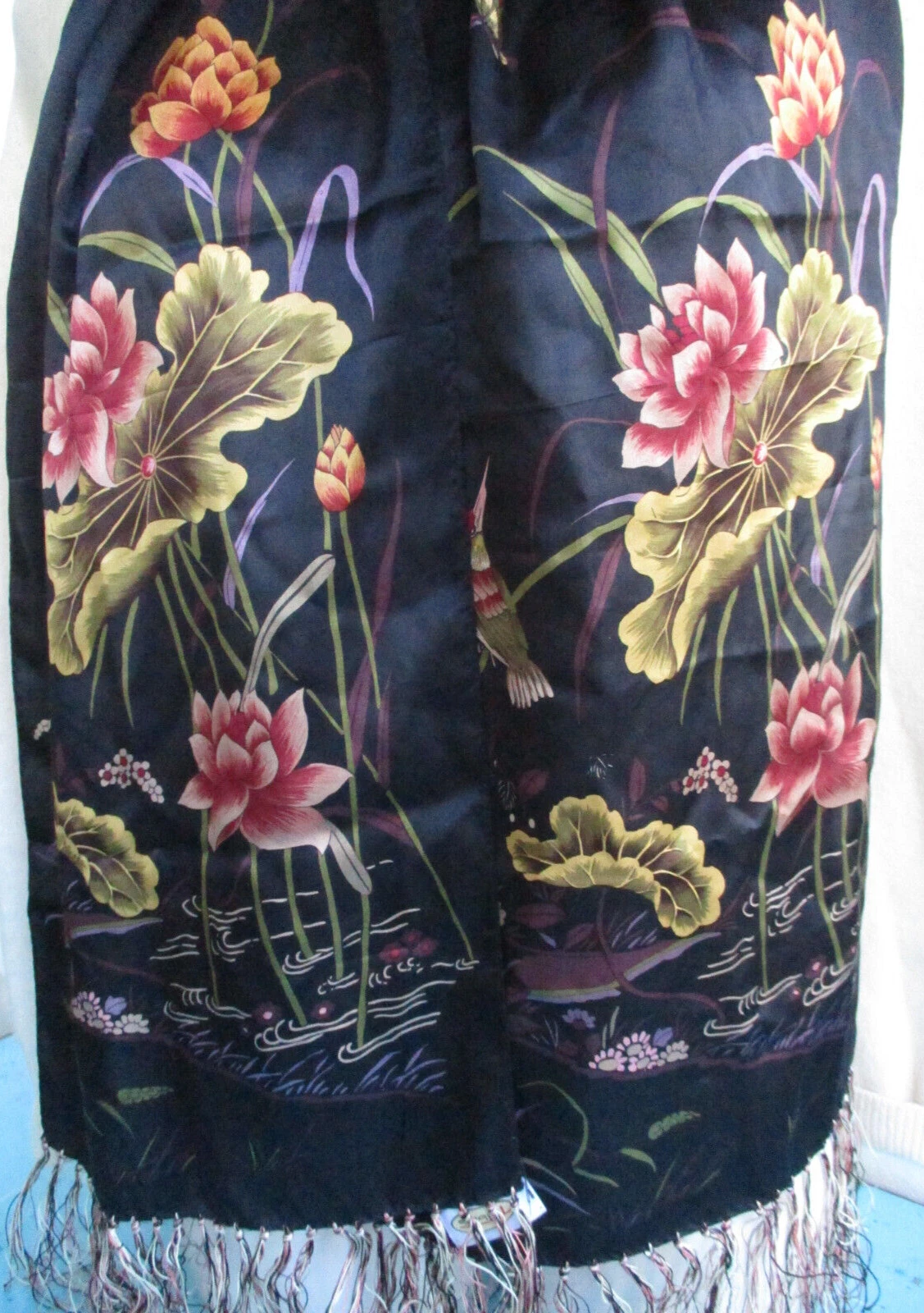 Talbots Silk Charmeuse Scarf Asian Print Bird of Paradise Butterfly Lotus Flower