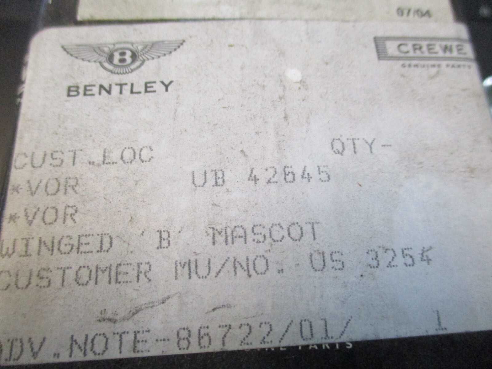 Bentley Flying B mascot, Mulsanne, 8, Brooklands, Turbo R, original NOS UB42645