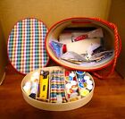 Vintage Lot Sewing Notions Misc. Supplies In Oval Box Tote Thread, Pins, Etc.