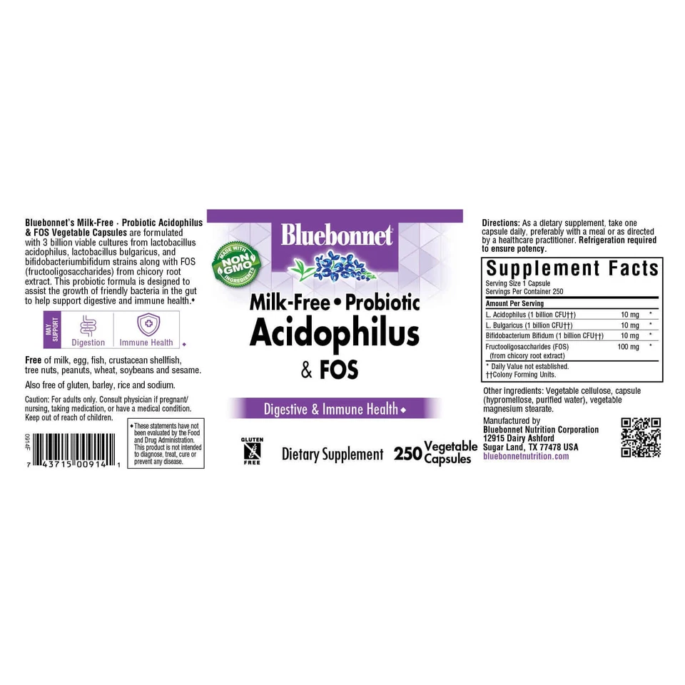 Bluebonnet Milk-Free Probiotic Acidophilus & Fos 250 Veg Capsules - Image 4 of 4