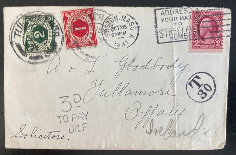 1931 Boston MA USA Postage Due Cover to Tullamose Ireland