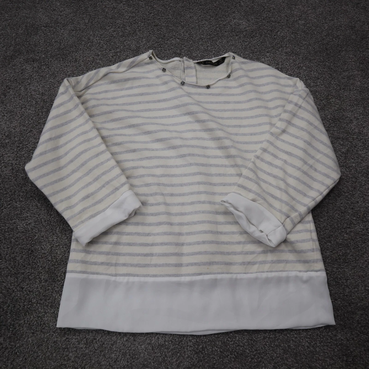 Zara Womens Striped Pullover Sweatshirt Long Sleeves Back Button Cream Size XS