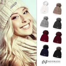 Damen Strick-Mütze gefüttert Fell-Bommel Kunstfell Winter-Mütze Bommelmütze