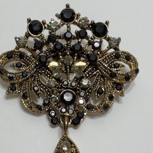 Vintage Aged Brass Gold Tone Black Stone Pearl Dangle Brooch Pin Mourning - Picture 5 of 10