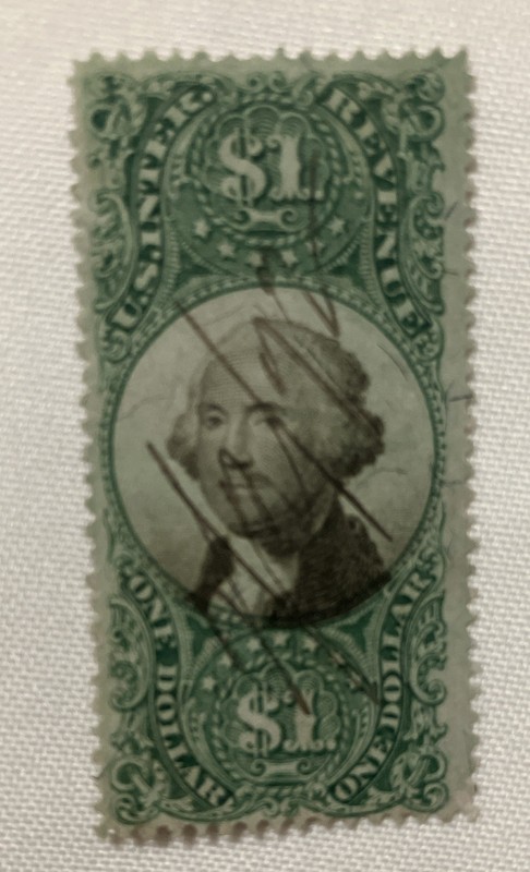 1800’s US Revenue Stamps Scott #R144 - $1 Used Pen Cancel Hinge Mark