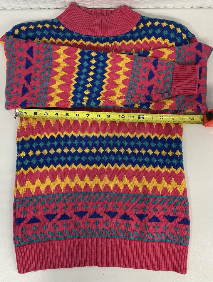 复古 80 年代 Brightsider 几何针织毛衣粉色黄色蓝色模拟领 M  — 第 4/4 张图片