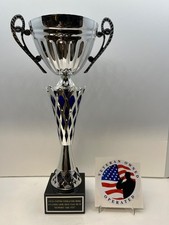 Silver Metal Trophy Cup 17" Custom Engraving Blue Diamond "Support the Vet"