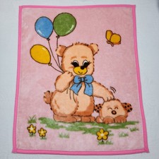 Vintage Baby Blanket Teddy Bear Balloons Puppy Butterfly Mink Plush Pink 45x37