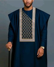 3- Piece Mens Agbada Blue Long- Sleeve Round Neck Shirt African Suit Size XL