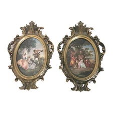 2 VTG Syroco Gilt Oval  Picture Romantic #204 Boucher #215 Lancret 8x12" USA 60s