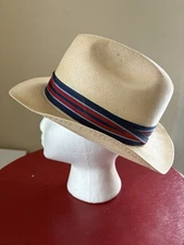 Vtg Beaver Hats Straw Fedora Panama Panacool Hat Ivory Blue Red Band Sz 7 1/4