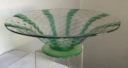 ANTIQUE GLASS CONSOLE BOWL FRY DIAMOND OPTIC VASELINE GREEN STRIPE STEUBEN ERA