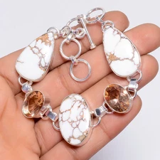 Wild Horse Jasper Morganite Gemstone 925 Silver Handmade Bracelet 6-8" ARB-1293