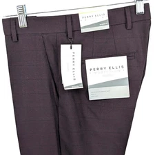Perry Ellis Portfolio Mens Modern-Fit Stretch Dress Pants Plaid Dark Red 32 x 30