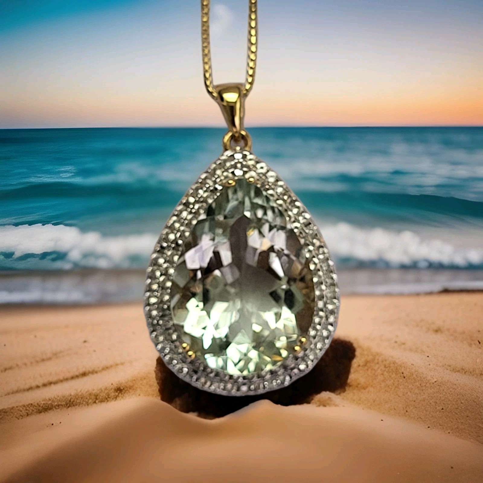 Luxurious Green Amethyst (Prasiolite) Teardrop Pendant W CS, 18