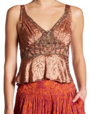 Free People Mirrors of Paradise Antique Pink Beaded Peplum Top Sz 4 Boho Tie