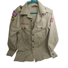 Boy Scouts of America Youth Shirt Tan Large Sewn Patches Long Sleeve