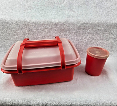 Vintage Tupperware Red Sandwich Keeper Lunch Box + Cup w/ Lid & Handle Vintage