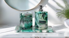 Green Agate Bathroom Set  Handmade Gemstone Soap Dispenser  Tray  Luxury D co