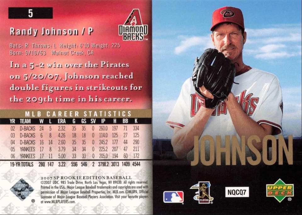 2007 SP Rookie Edition Randy Johnson Arizona Diamondbacks #5 - Image 2 of 2
